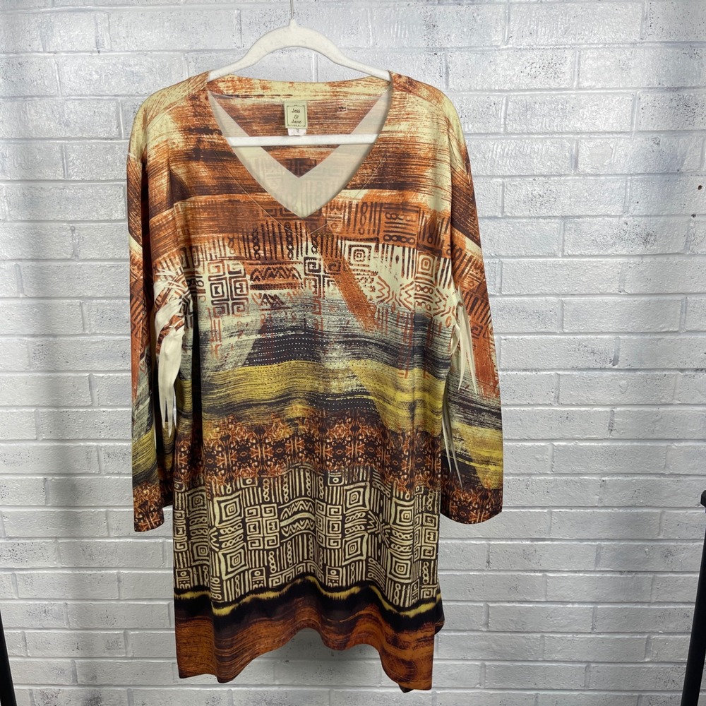 Jess & Jane Toti Abstract Art Jersey Knit Tunic Top Womens 1X V Neck Lagenlook